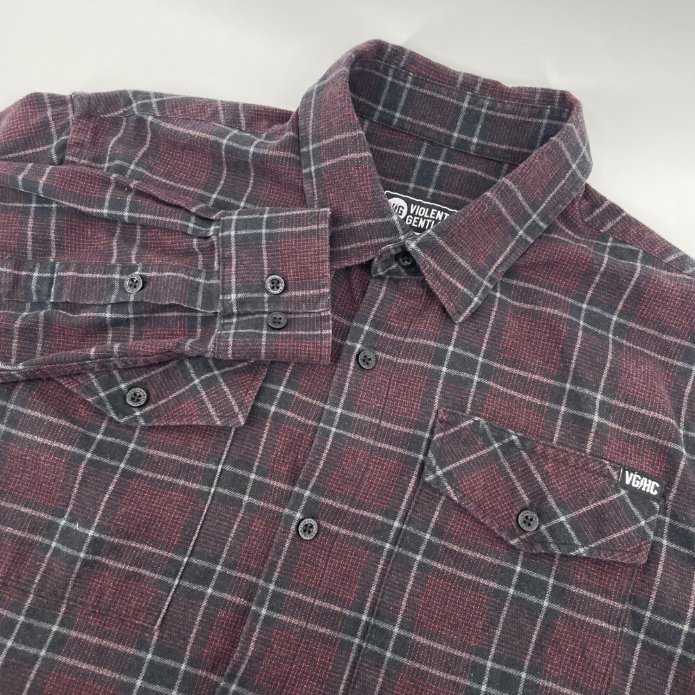 Violent Gentlemen Flannel Shirt Mens Medium Burgundy Grey Plaid Long Sleeve VGHC